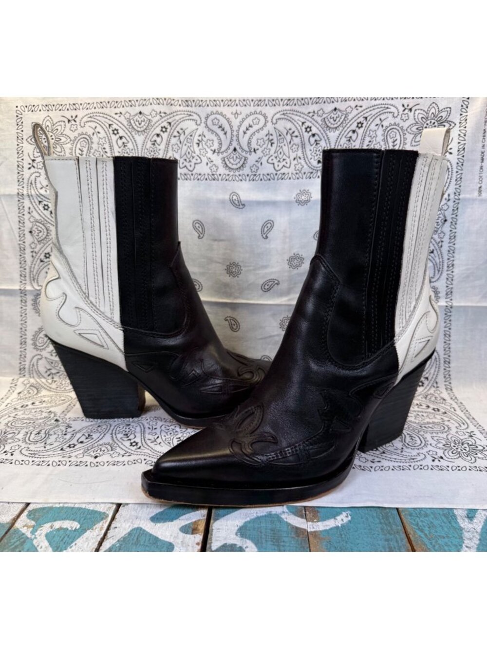 Dolce Vita Ramson Western Ankle Boots Black/White 100% Zip Leather Women’s 6